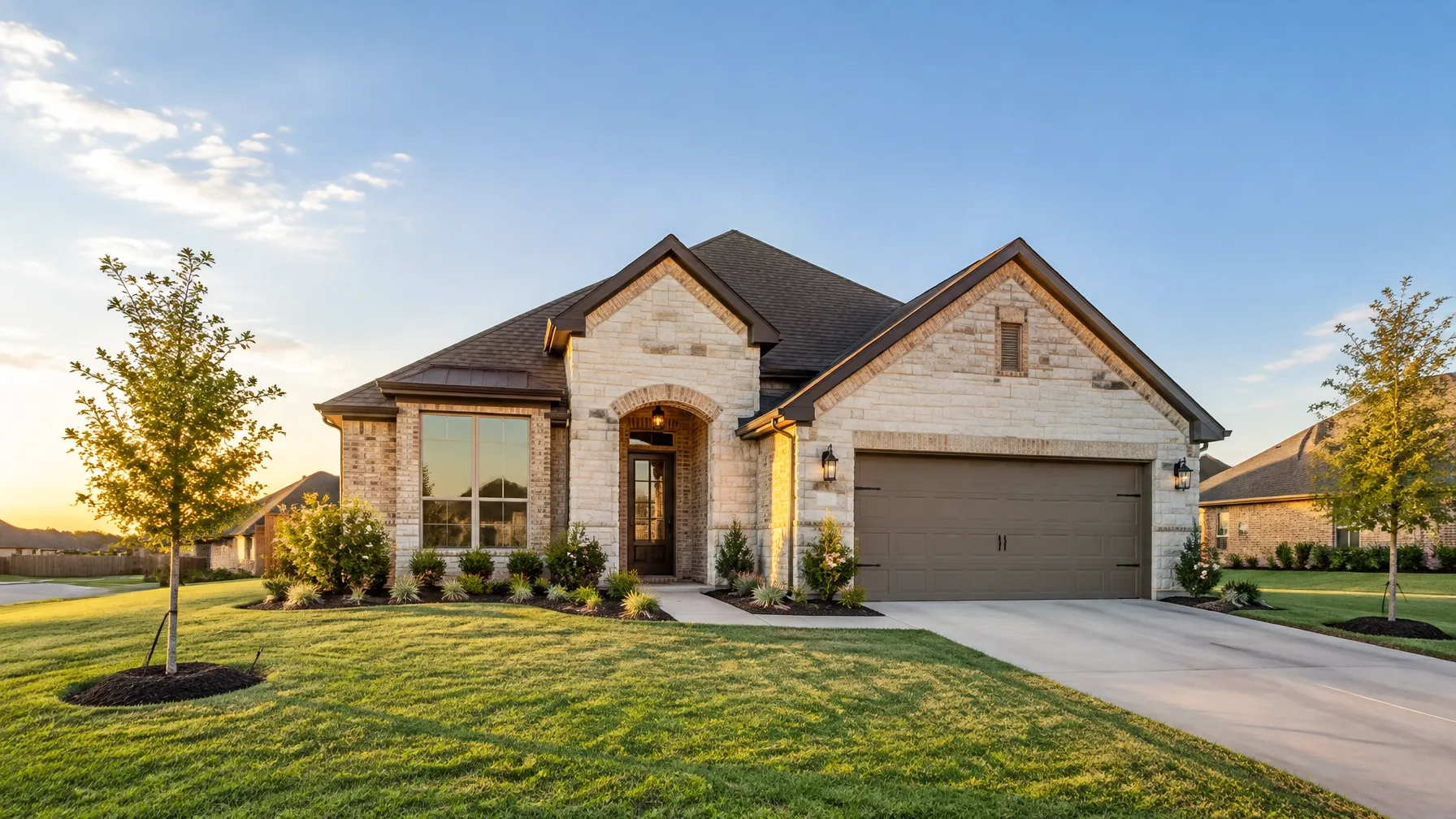 Newer Oklahoma home with a landscaped front yard at golden hour