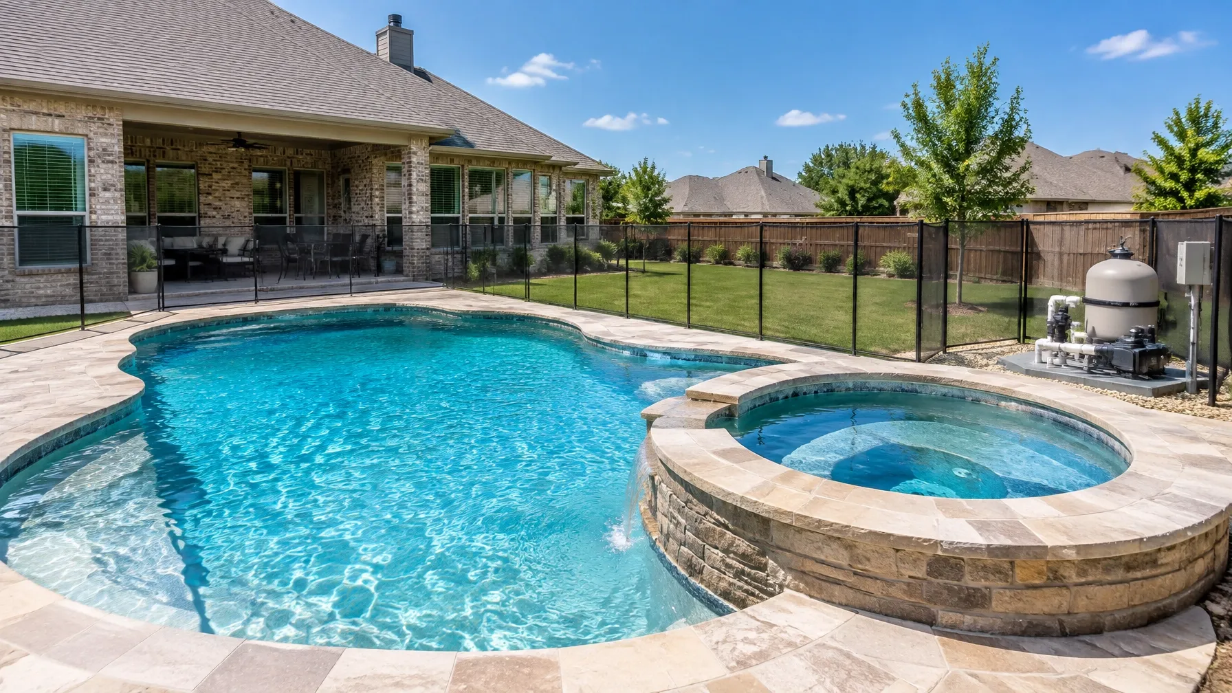 Backyard pool and spa with an equipment pad