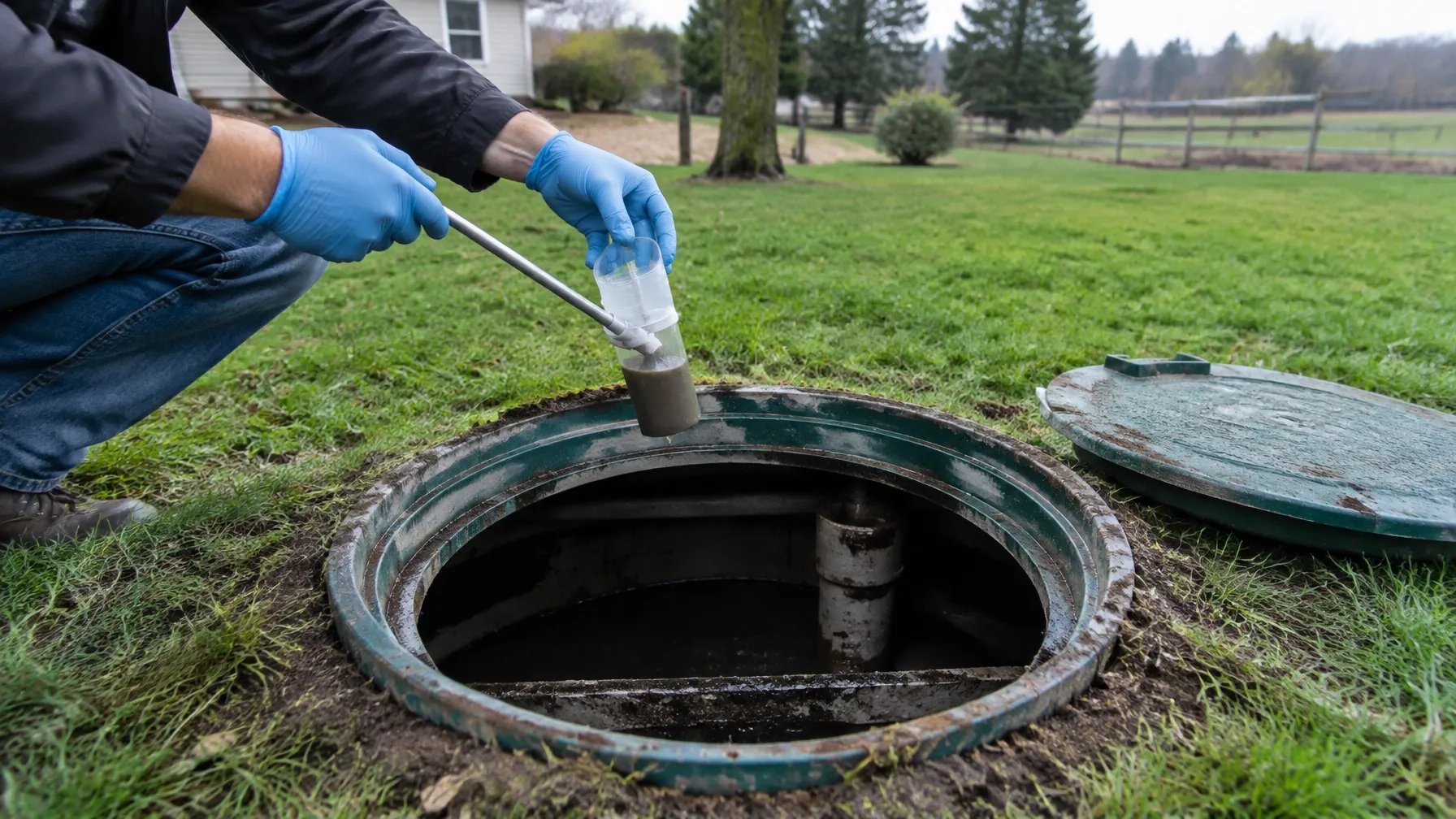 Open septic tank riser being inspected on a lawn