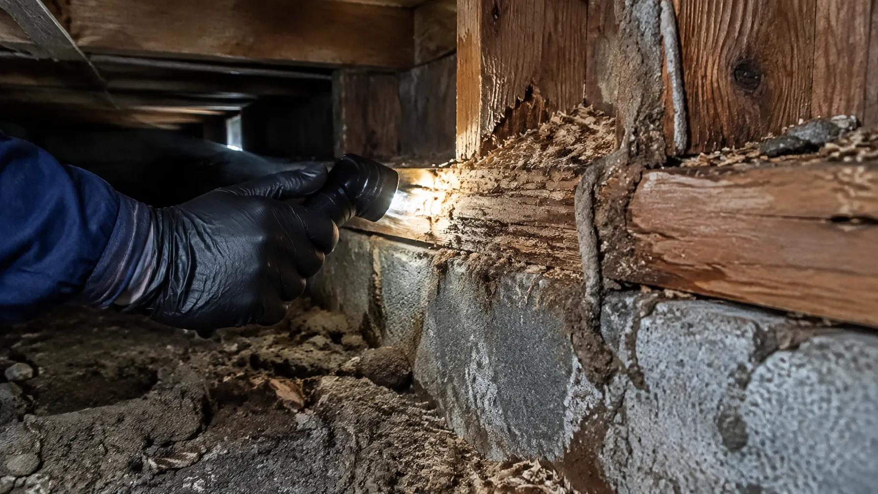 Inspector checking termite damage at a sill plate