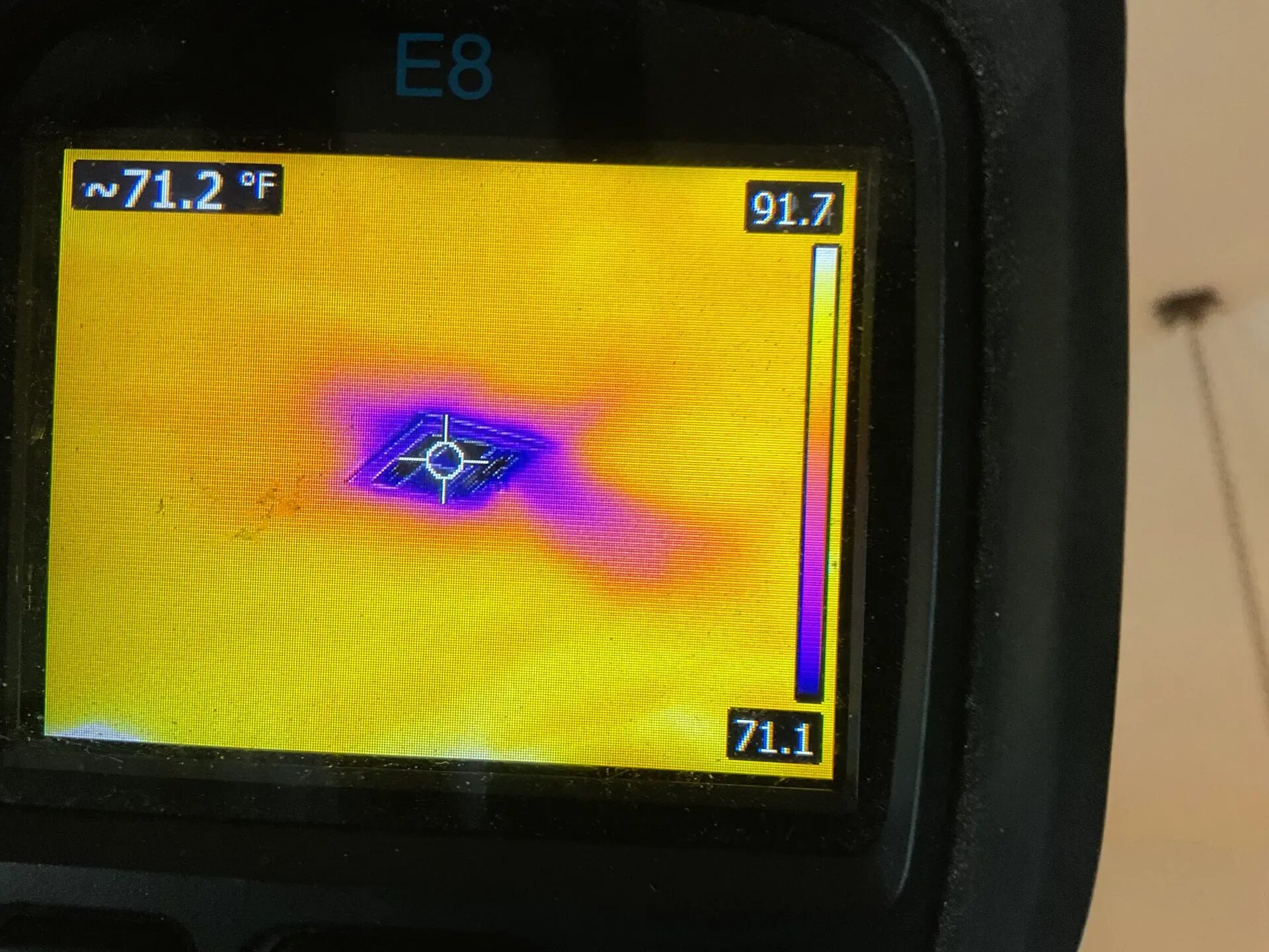 Thermal imaging view of a ceiling showing a temperature pattern during moisture investigation