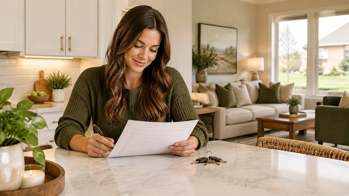 New homeowner reviewing a checklist at home after moving in