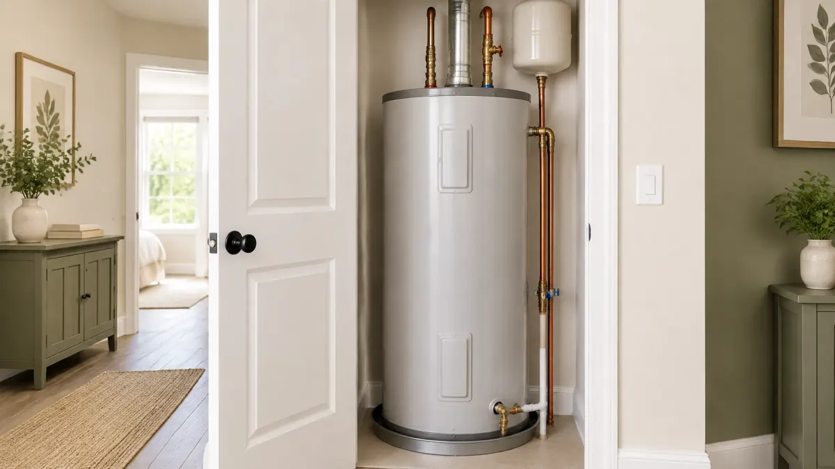 Residential tank water heater in a clean utility area