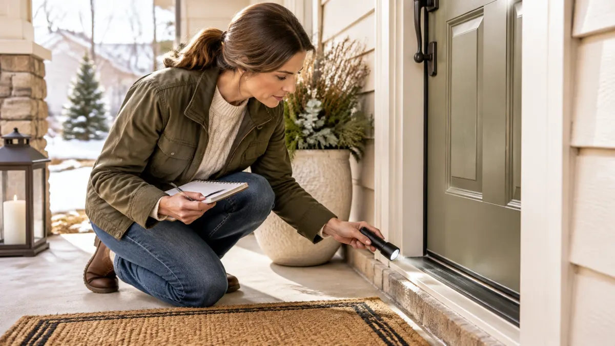 Homeowner inspecting a door threshold for possible pest entry points